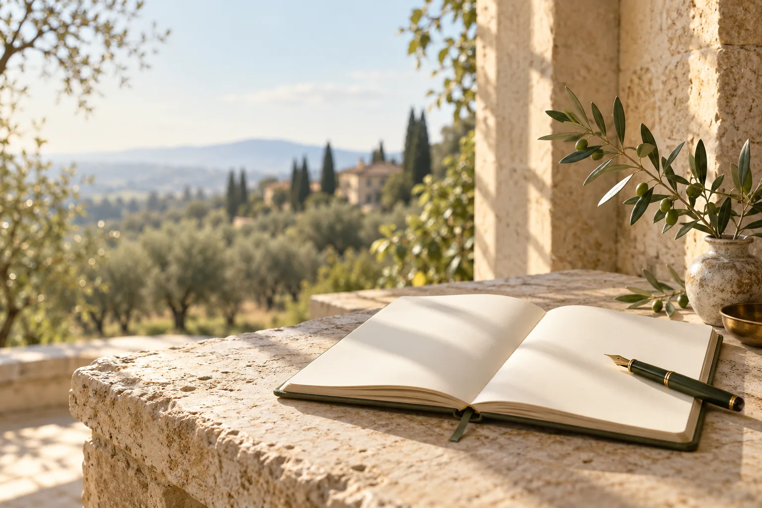 Open blank journal and olive branch in the morning light